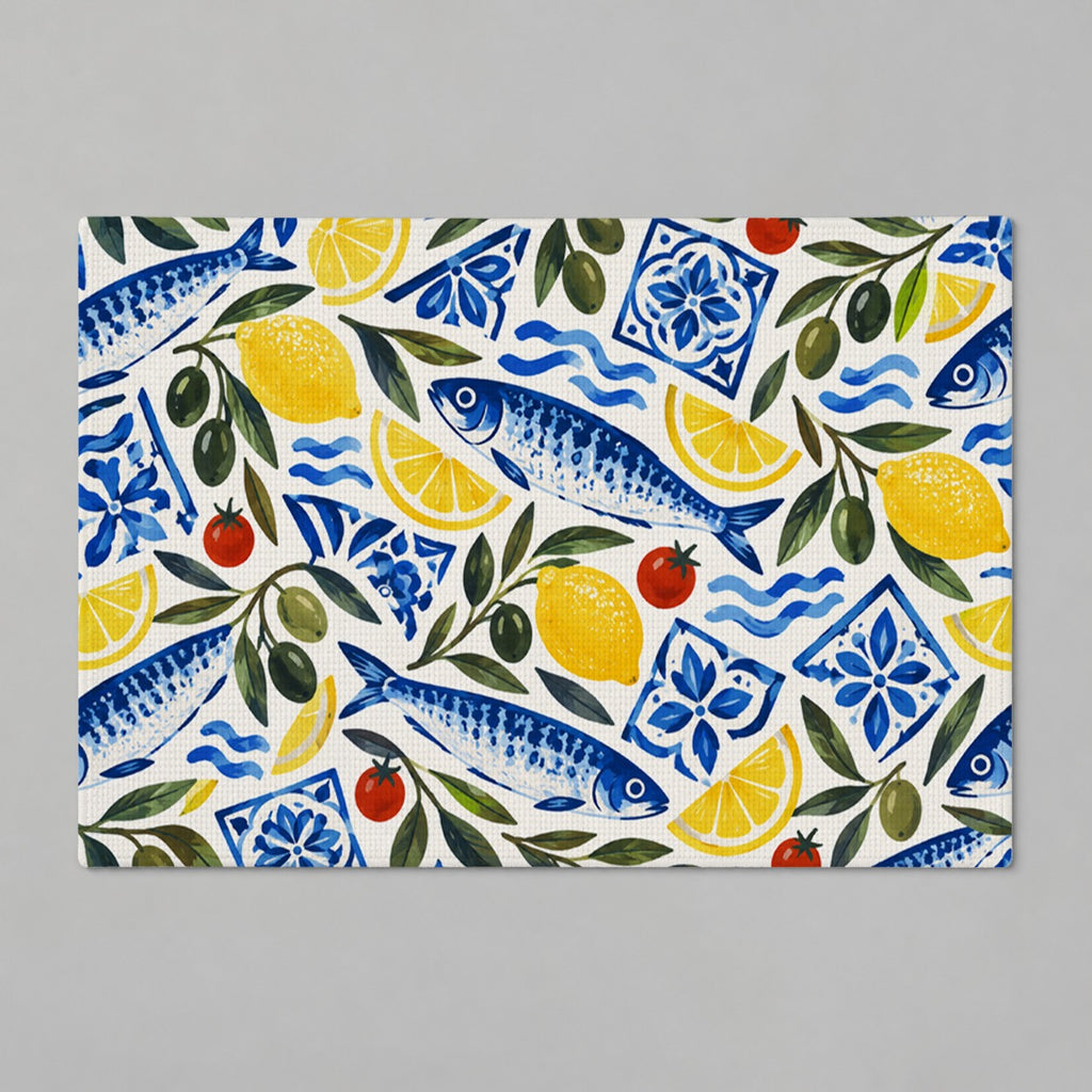 Aegean Pantry Mediterranean sardine and lemon bath mat product mockup
