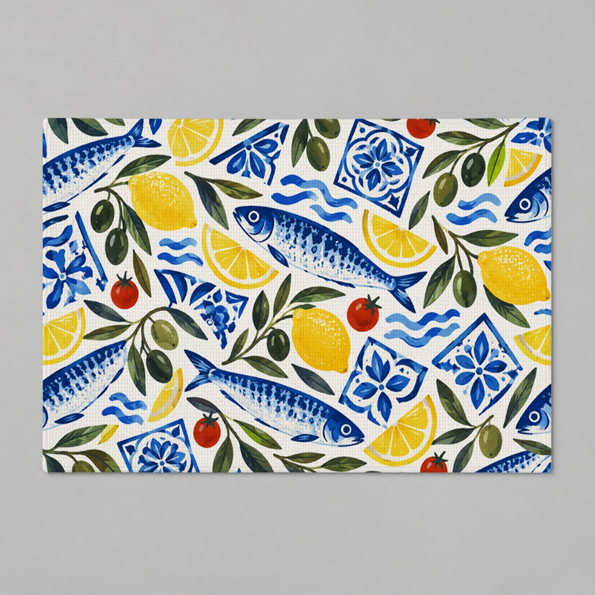 Aegean Pantry Mediterranean sardine and lemon bath mat product mockup