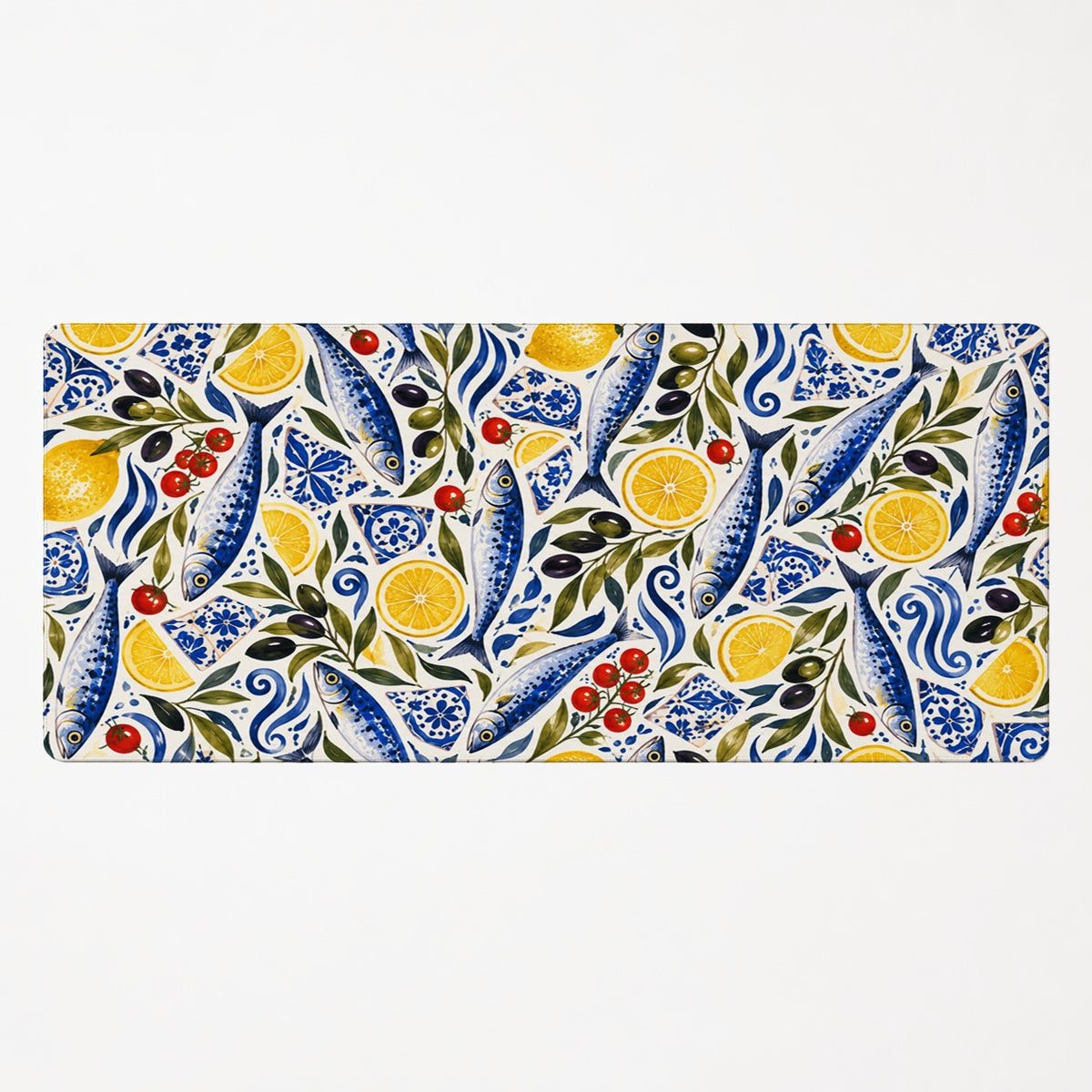 Aegean Pantry Mediterranean sardine and lemon extended desk mat product mockup