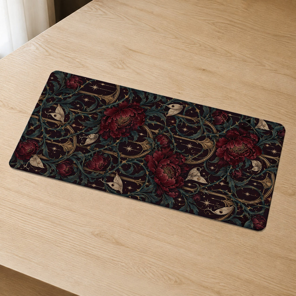 Velvet Thorn dark romantic floral extended desk mat detail view