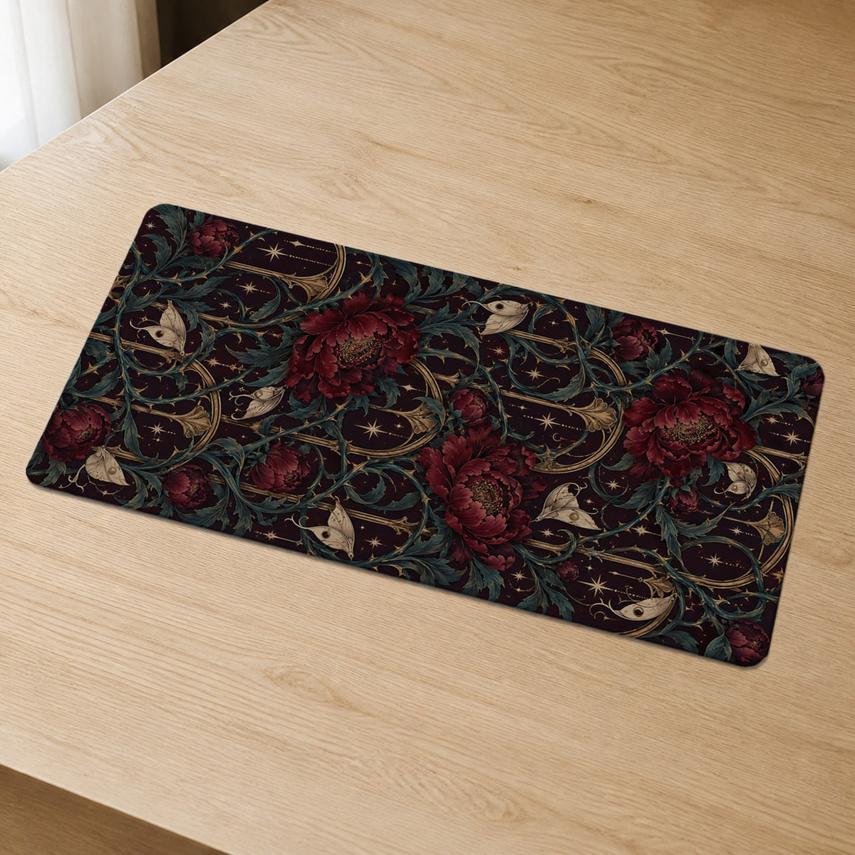 Velvet Thorn dark romantic floral extended desk mat detail view