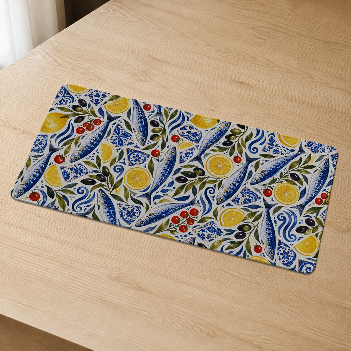 Aegean Pantry Mediterranean sardine and lemon extended desk mat detail view