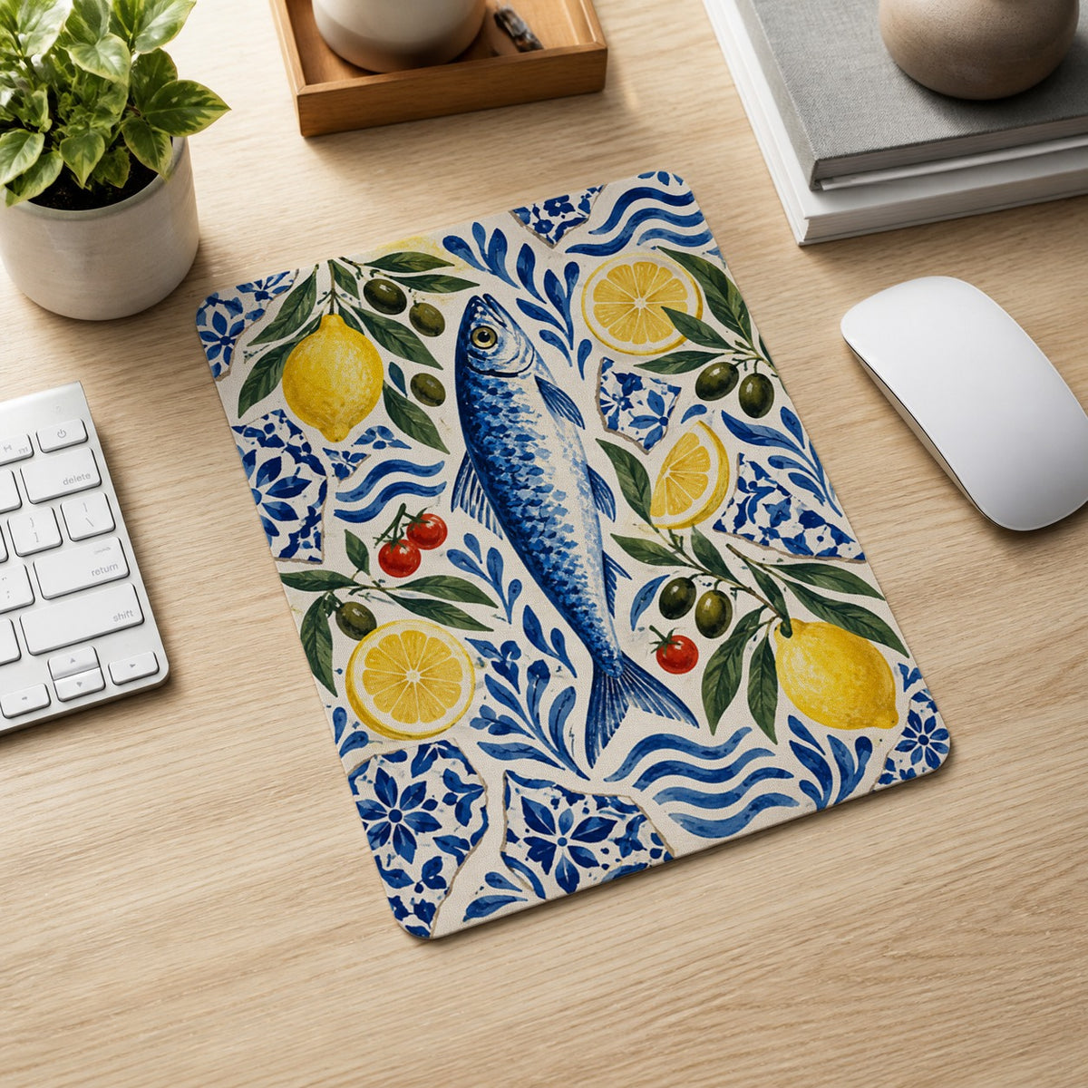 Aegean Pantry Mediterranean sardine and lemon mouse pad workspace scene