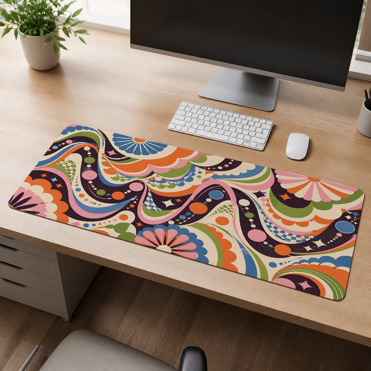 Funhaus Orbit colorful maximalist extended desk mat workspace scene
