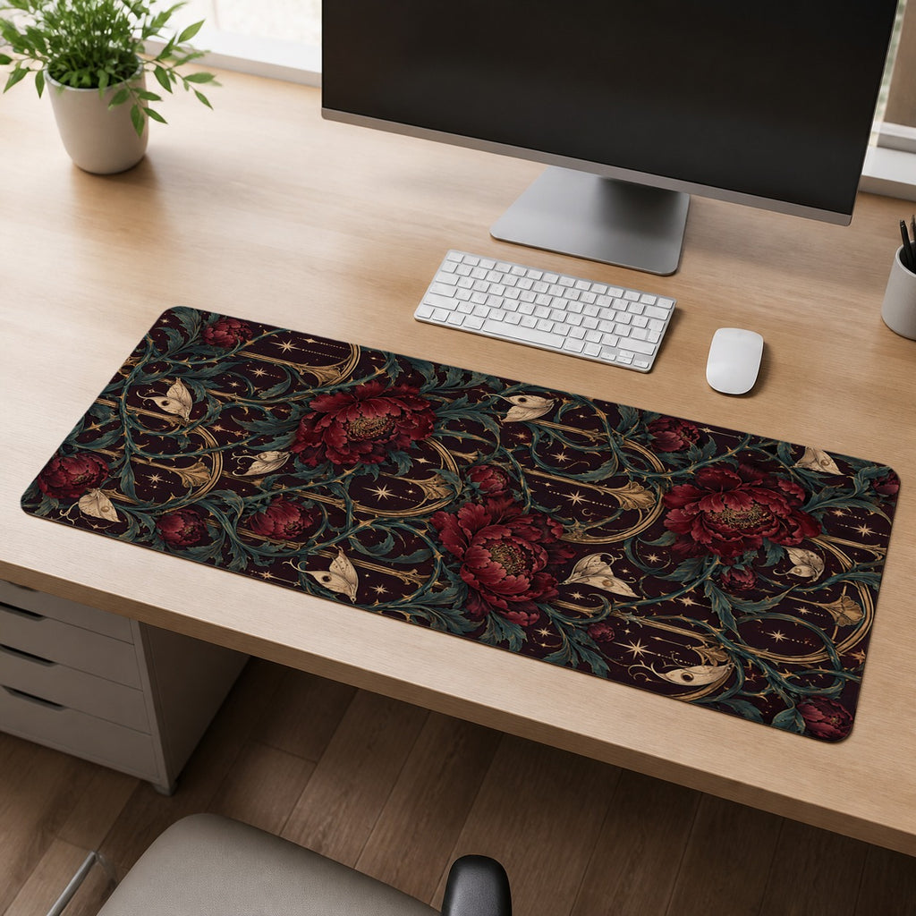 Velvet Thorn dark romantic floral extended desk mat workspace scene