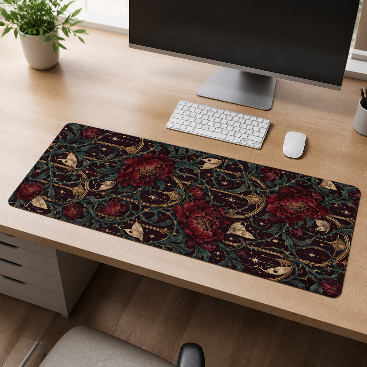 Velvet Thorn dark romantic floral extended desk mat workspace scene