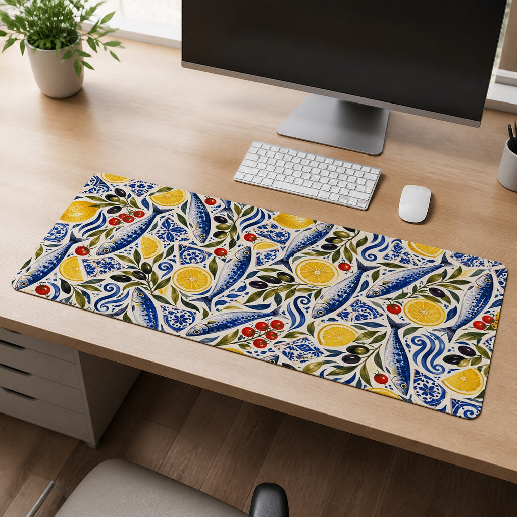 Aegean Pantry Mediterranean sardine and lemon extended desk mat workspace scene
