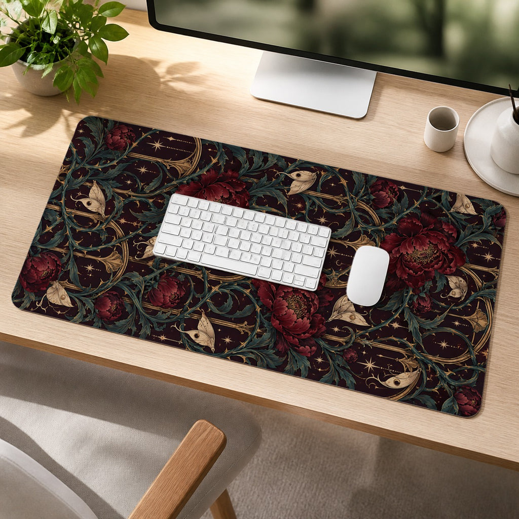 Velvet Thorn dark romantic floral extended desk mat lifestyle scene