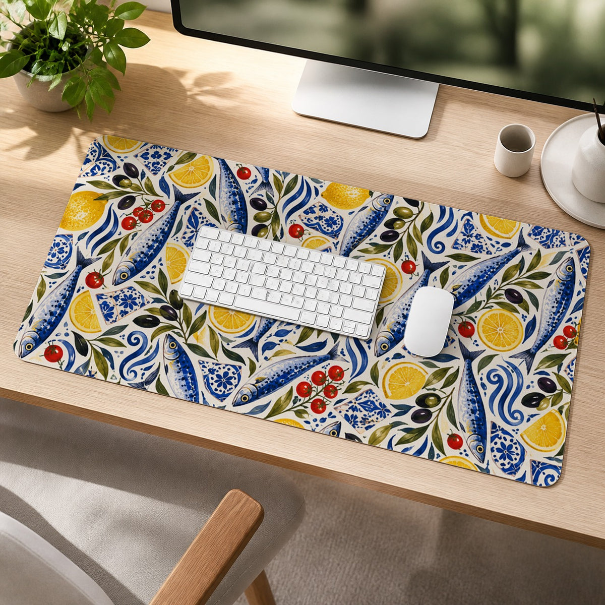 Aegean Pantry Mediterranean sardine and lemon extended desk mat lifestyle scene