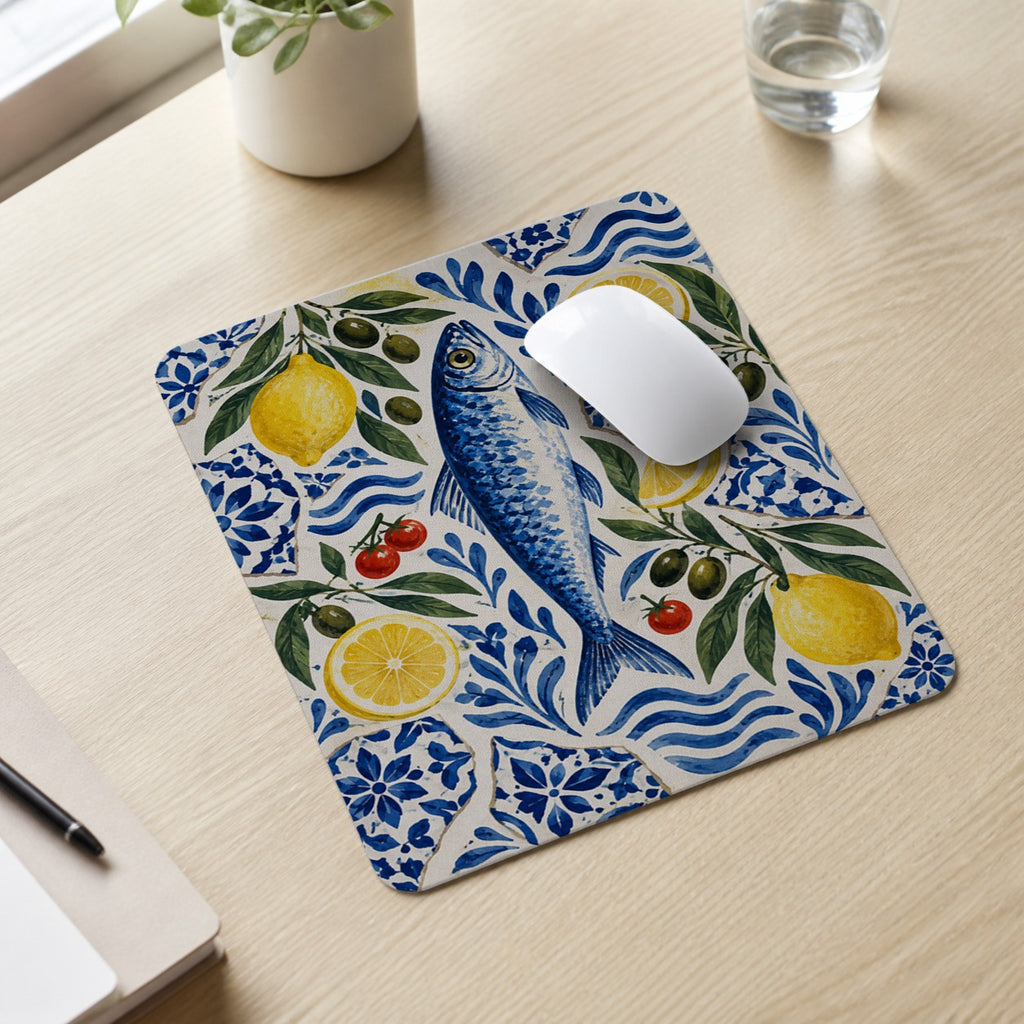 Aegean Pantry Mediterranean sardine and lemon mouse pad lifestyle scene