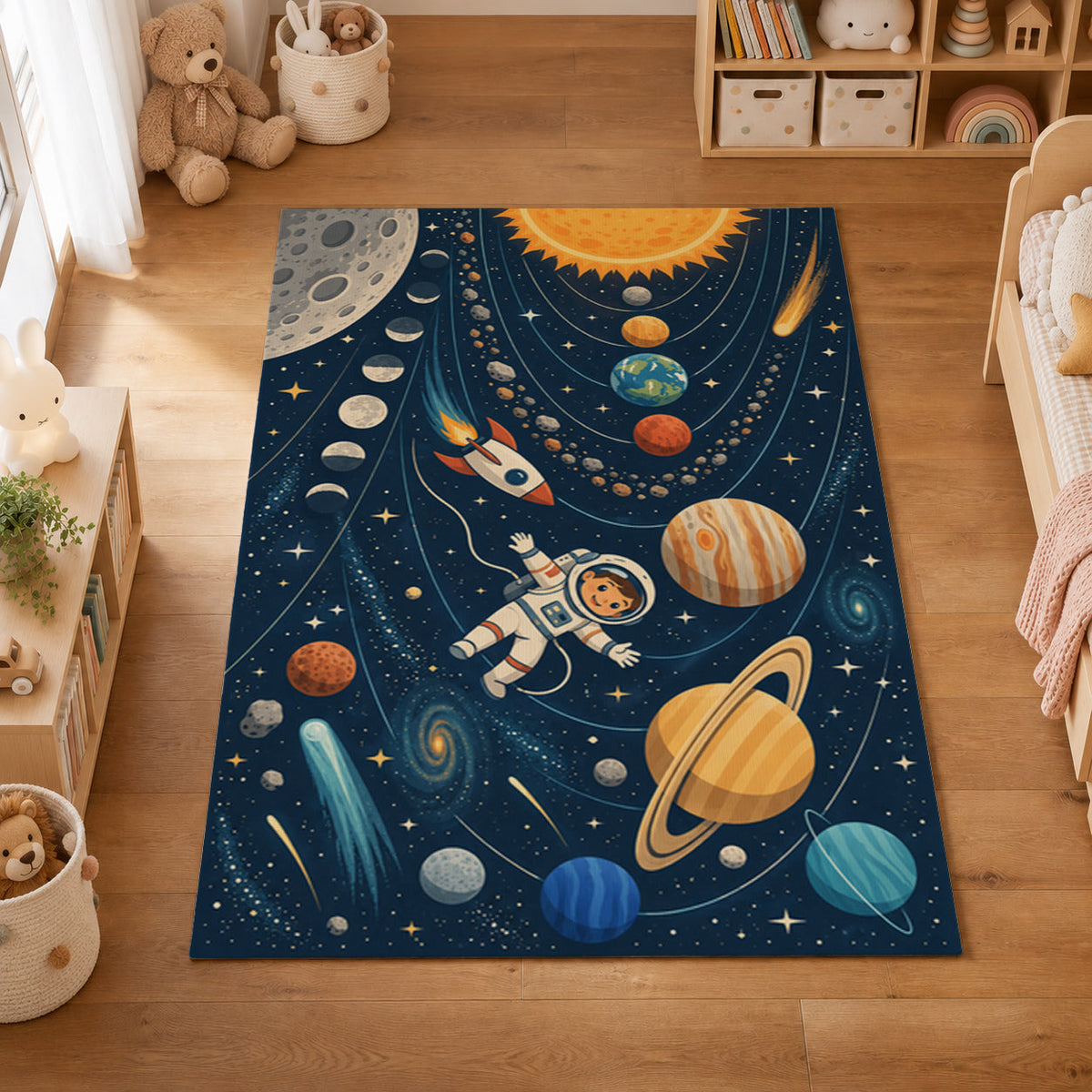 Kartela Space Explorer washable outer space kids rug in a kids' room on a wooden floor