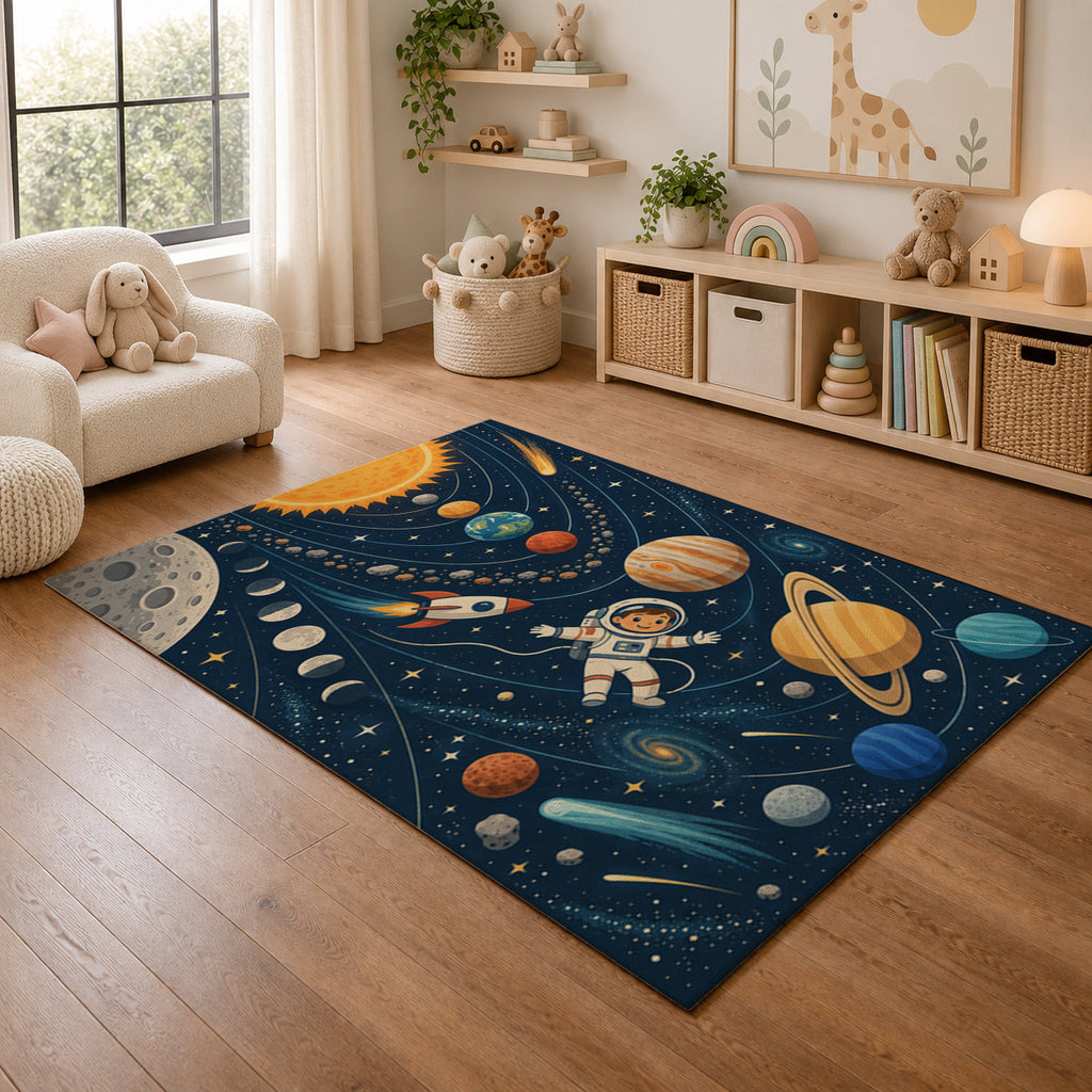 Kartela Space Explorer washable outer space kids rug in a playroom next to toy shelves