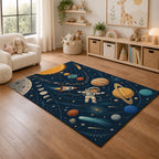 Kartela Space Explorer washable outer space kids rug in a playroom next to toy shelves