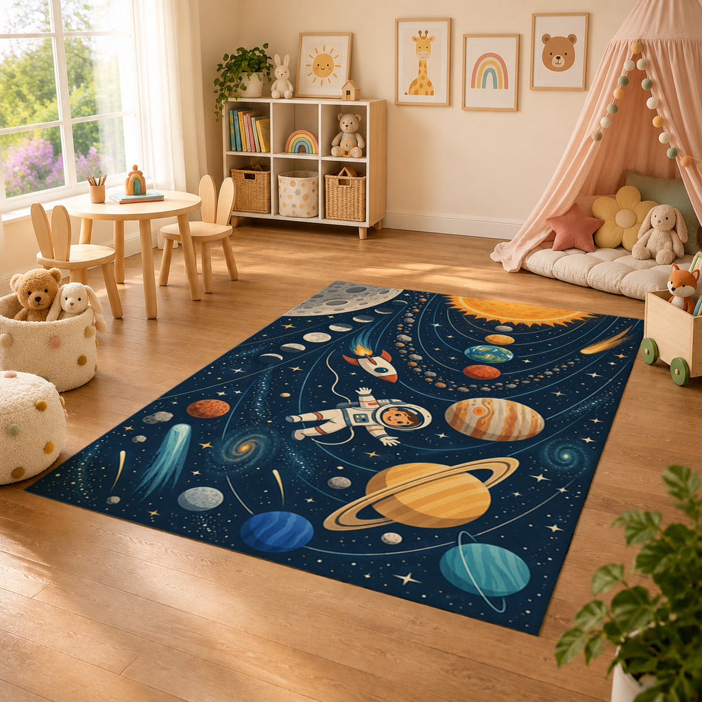 Kartela Space Explorer washable outer space kids rug in a sunny kids' room with a play tent