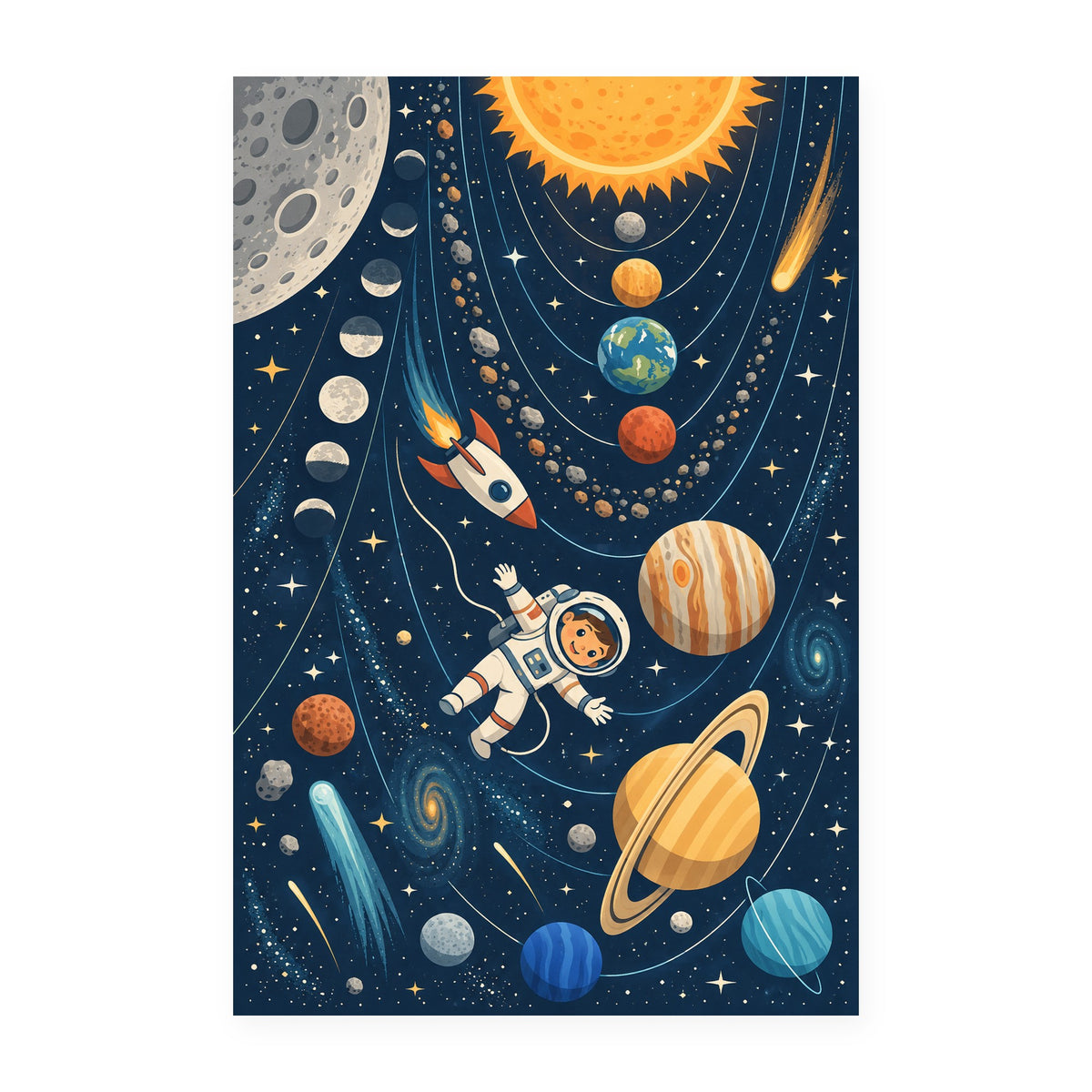 Kartela Space Explorer washable outer space kids rug, flat product view on white