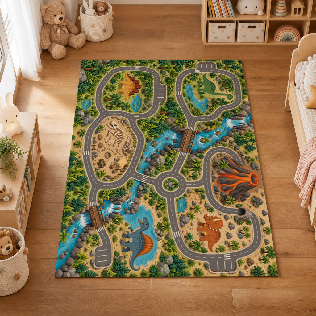 Kartela Dino Roads washable dinosaur road play rug in a kids' room on a wooden floor