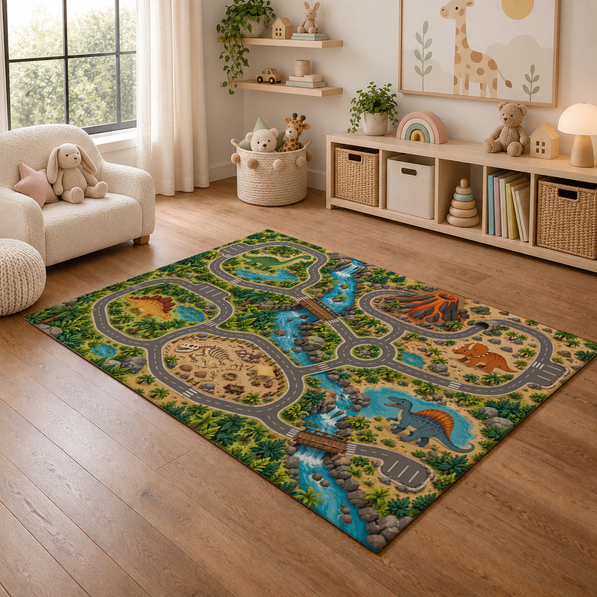 Kartela Dino Roads washable dinosaur road play rug in a playroom next to toy shelves
