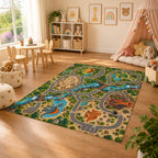 Kartela Dino Roads washable dinosaur road play rug in a sunny kids' room with a play tent