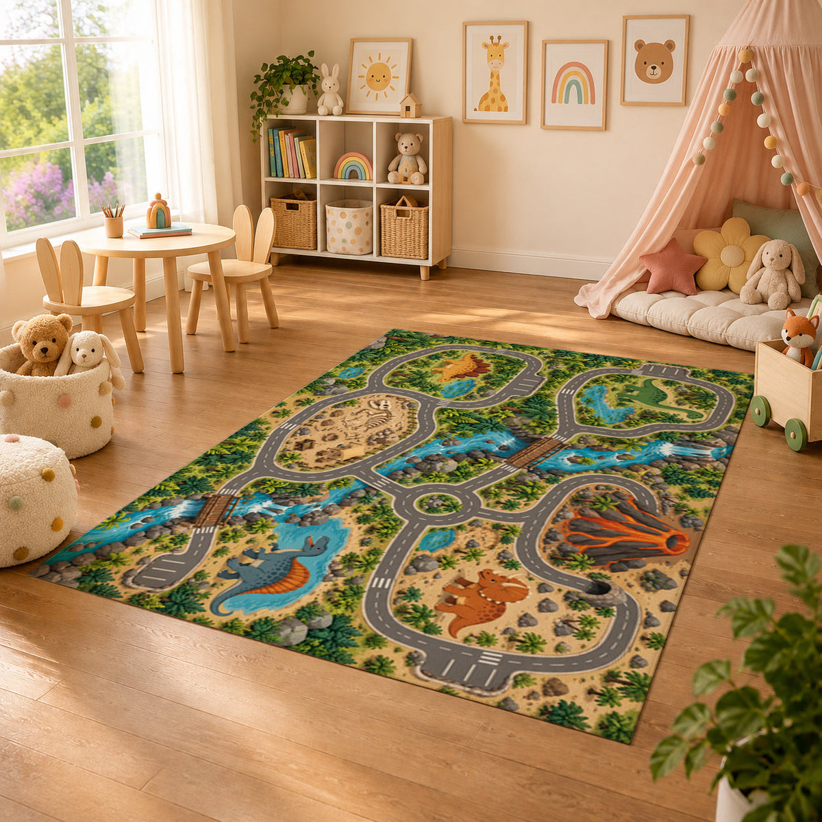 Kartela Dino Roads washable dinosaur road play rug in a sunny kids' room with a play tent