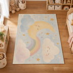 Kartela Moon and Cloud washable pastel nursery rug in a kids' room on a wooden floor