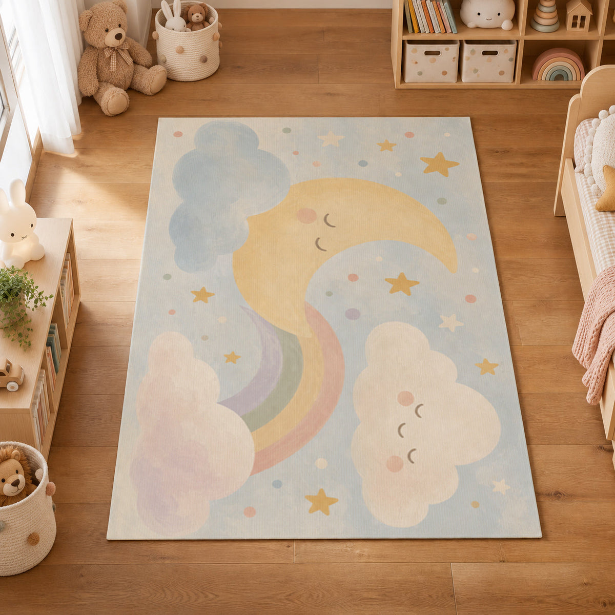 Kartela Moon and Cloud washable pastel nursery rug in a kids' room on a wooden floor