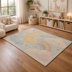 Kartela Moon and Cloud washable pastel nursery rug in a playroom next to toy shelves