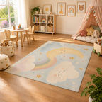 Kartela Moon and Cloud washable pastel nursery rug in a sunny kids' room with a play tent