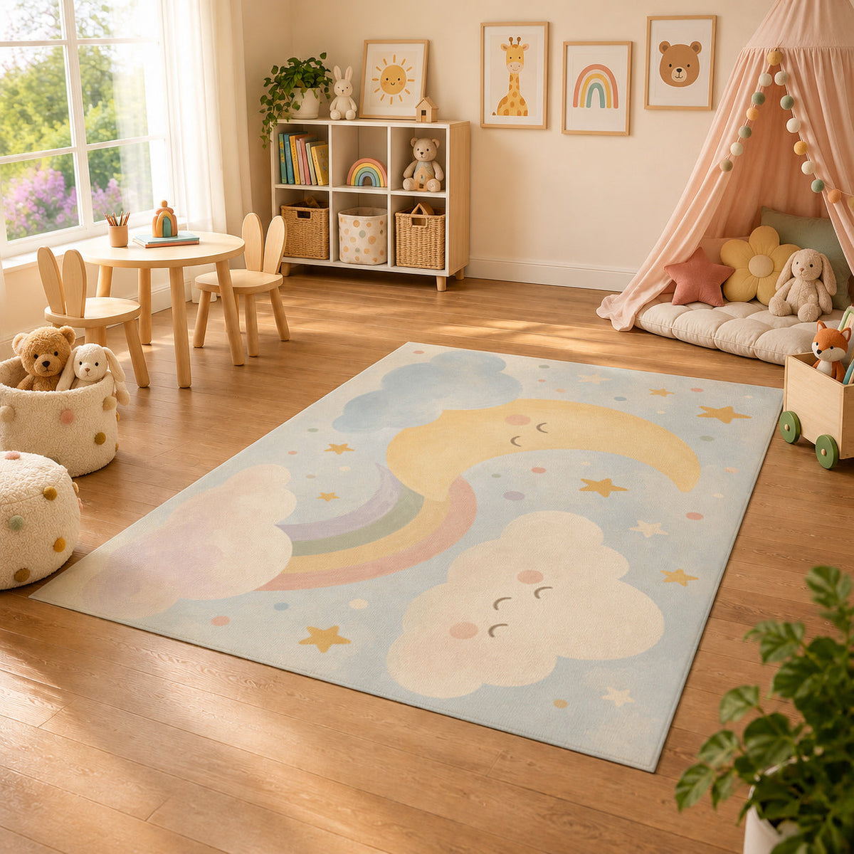 Kartela Moon and Cloud washable pastel nursery rug in a sunny kids' room with a play tent
