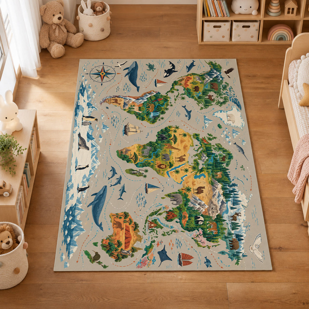 Kartela World Explorer washable world map kids rug in a kids' room on a wooden floor