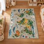 Kartela World Explorer washable world map kids rug in a kids' room on a wooden floor