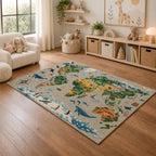 Kartela World Explorer washable world map kids rug in a playroom next to toy shelves