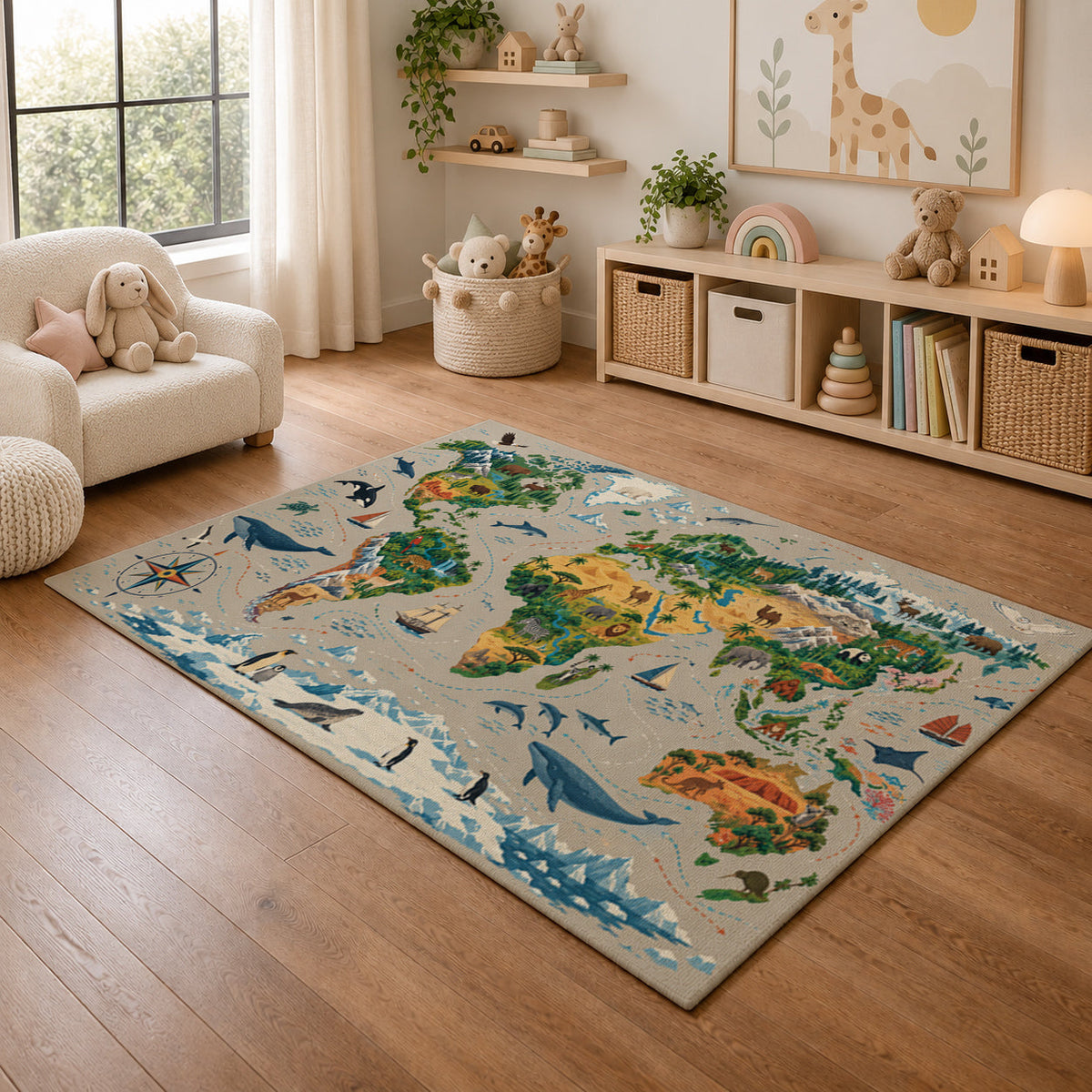 Kartela World Explorer washable world map kids rug in a playroom next to toy shelves