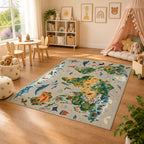 Kartela World Explorer washable world map kids rug in a sunny kids' room with a play tent
