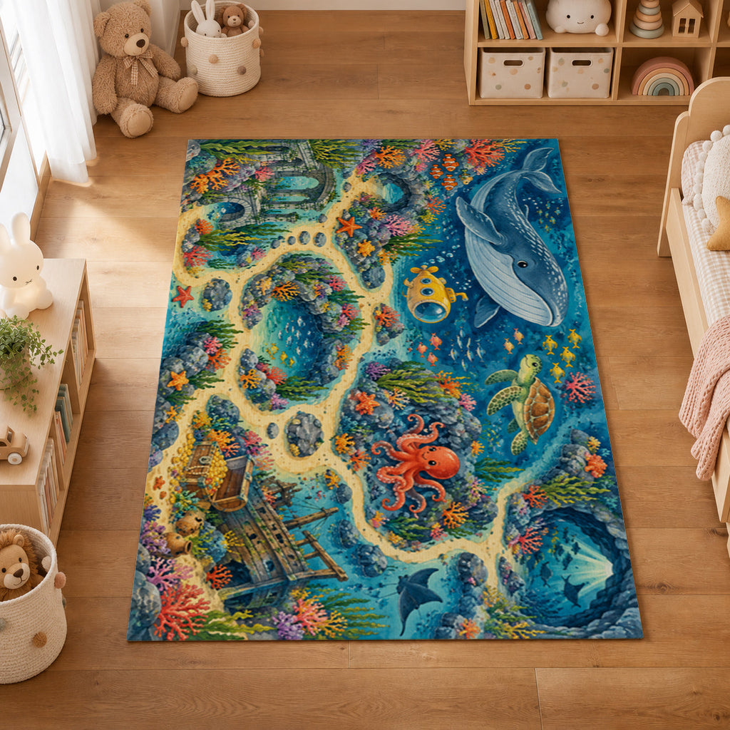 Kartela Ocean Discovery washable under the sea play rug in a kids' room on a wooden floor