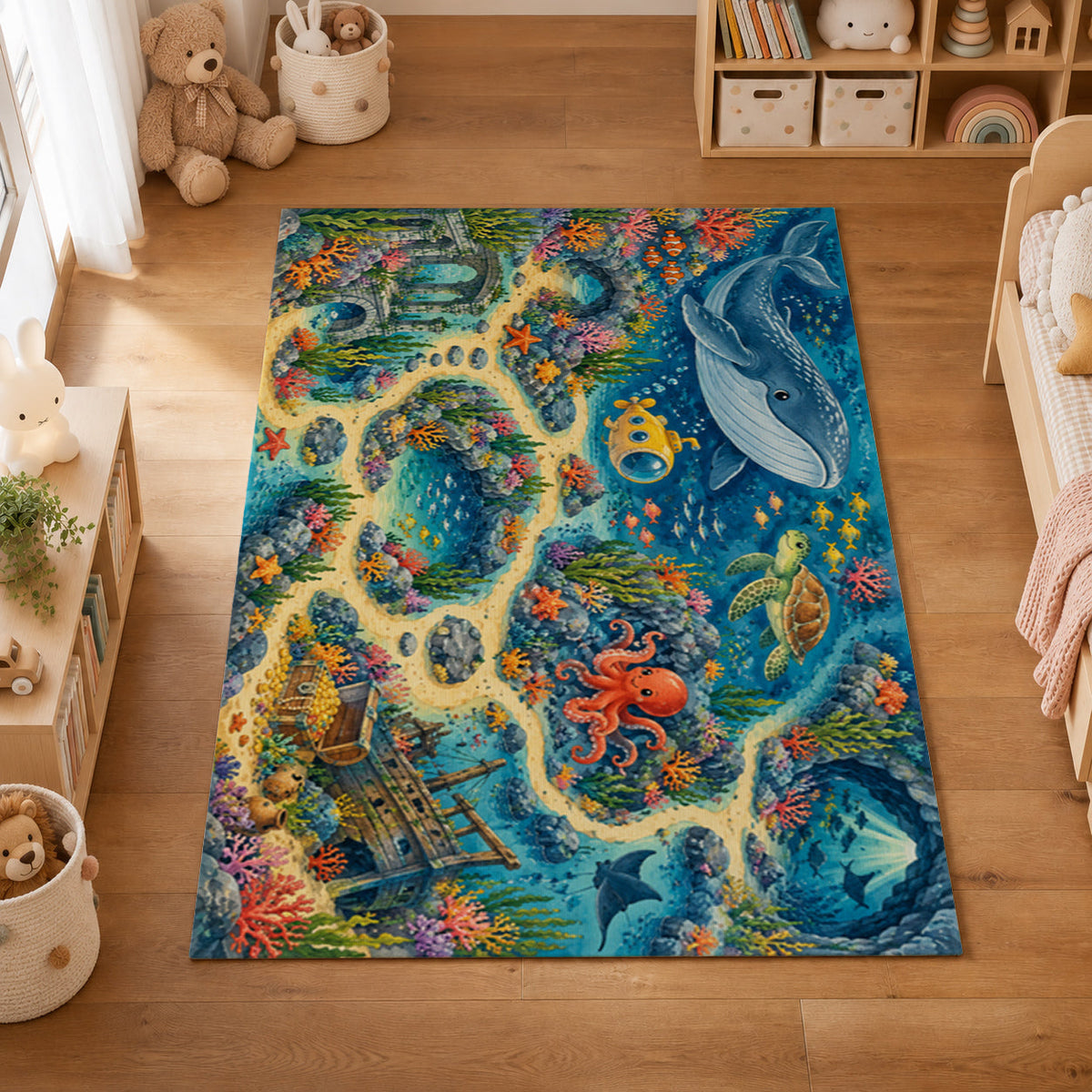 Kartela Ocean Discovery washable under the sea play rug in a kids' room on a wooden floor