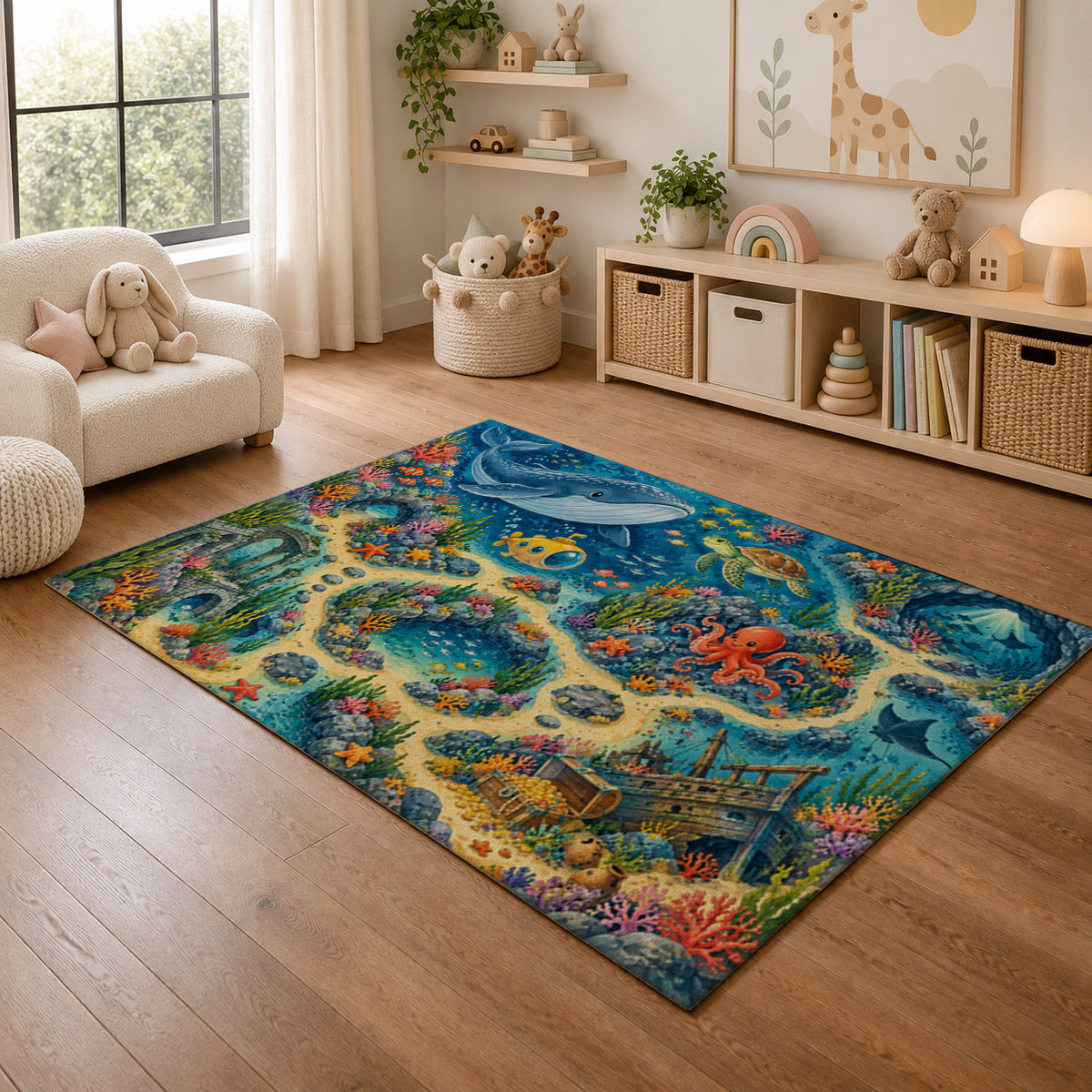 Kartela Ocean Discovery washable under the sea play rug in a playroom next to toy shelves
