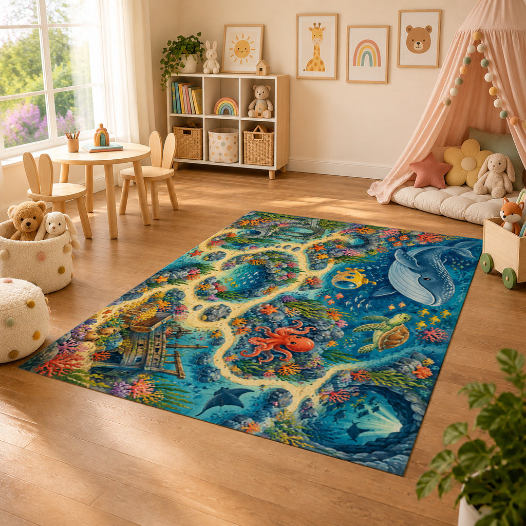 Kartela Ocean Discovery washable under the sea play rug in a sunny kids' room with a play tent