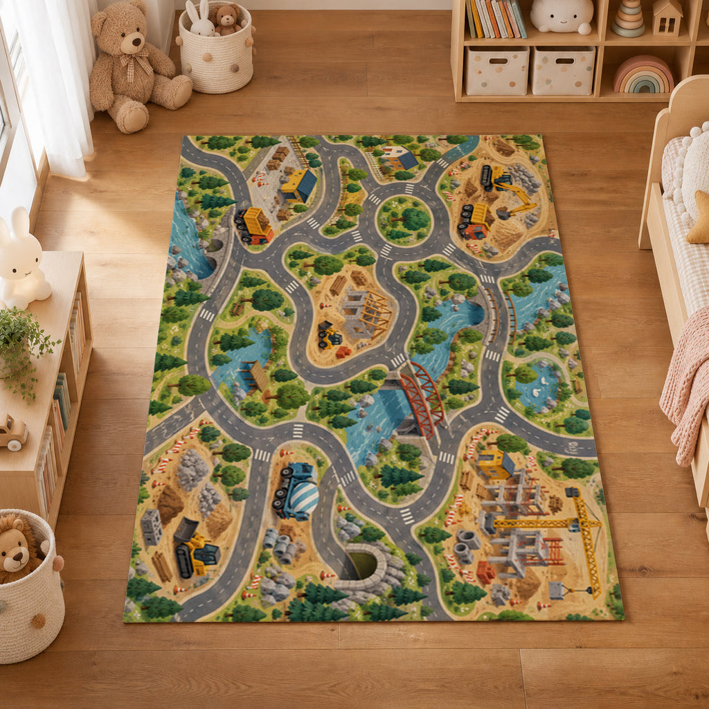 Kartela Construction Town washable construction road play rug in a kids' room on a wooden floor