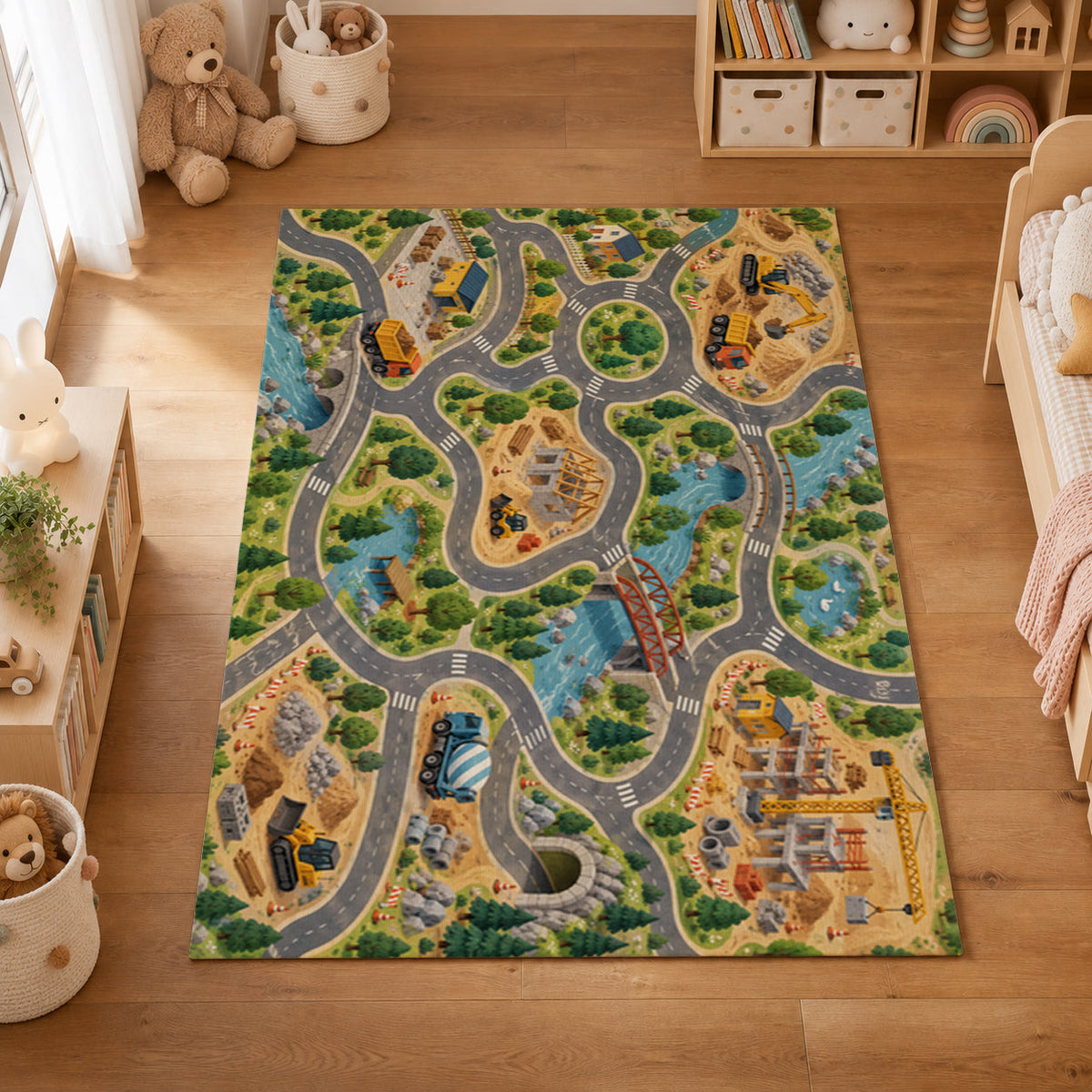 Kartela Construction Town washable construction road play rug in a kids' room on a wooden floor