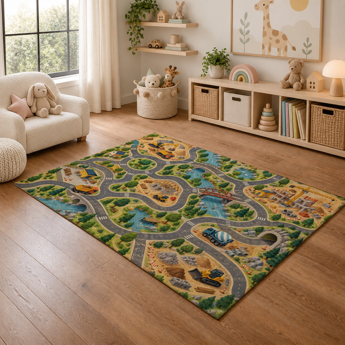 Kartela Construction Town washable construction road play rug in a playroom next to toy shelves