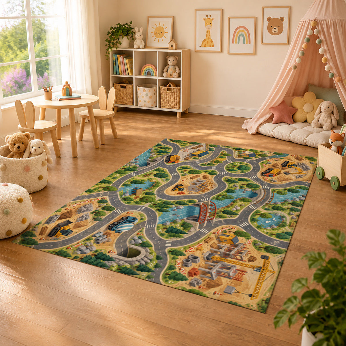 Kartela Construction Town washable construction road play rug in a sunny kids' room with a play tent