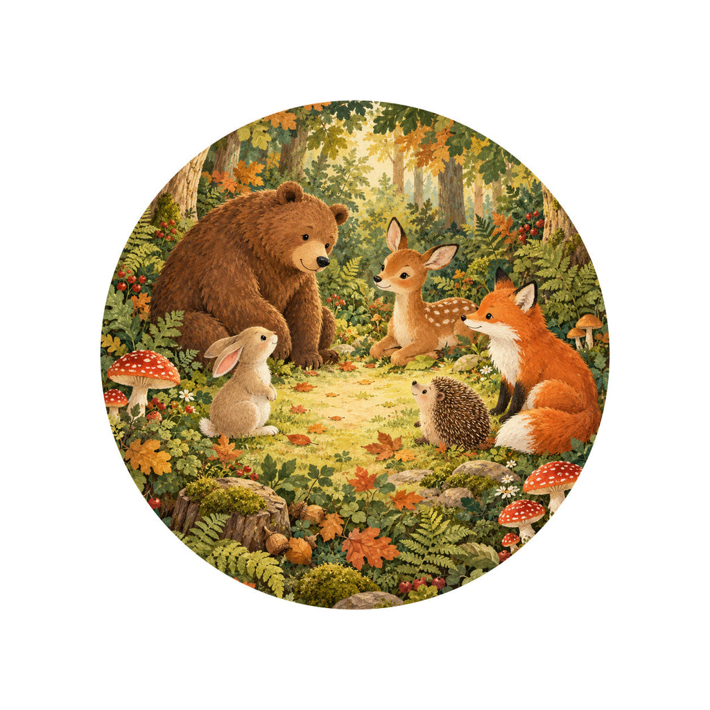 Kartela Forest Friends washable woodland animals round rug, top view on a wooden floor