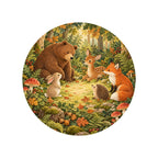 Kartela Forest Friends washable woodland animals round rug, top view on a wooden floor