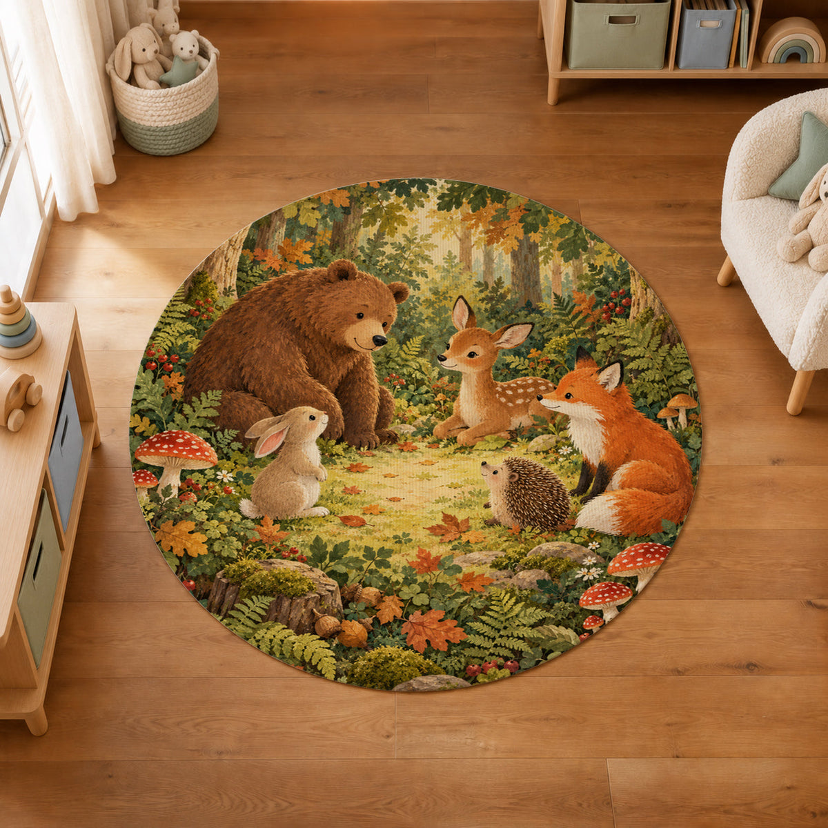 Kartela Forest Friends washable woodland animals round rug in a kids' room on a wooden floor
