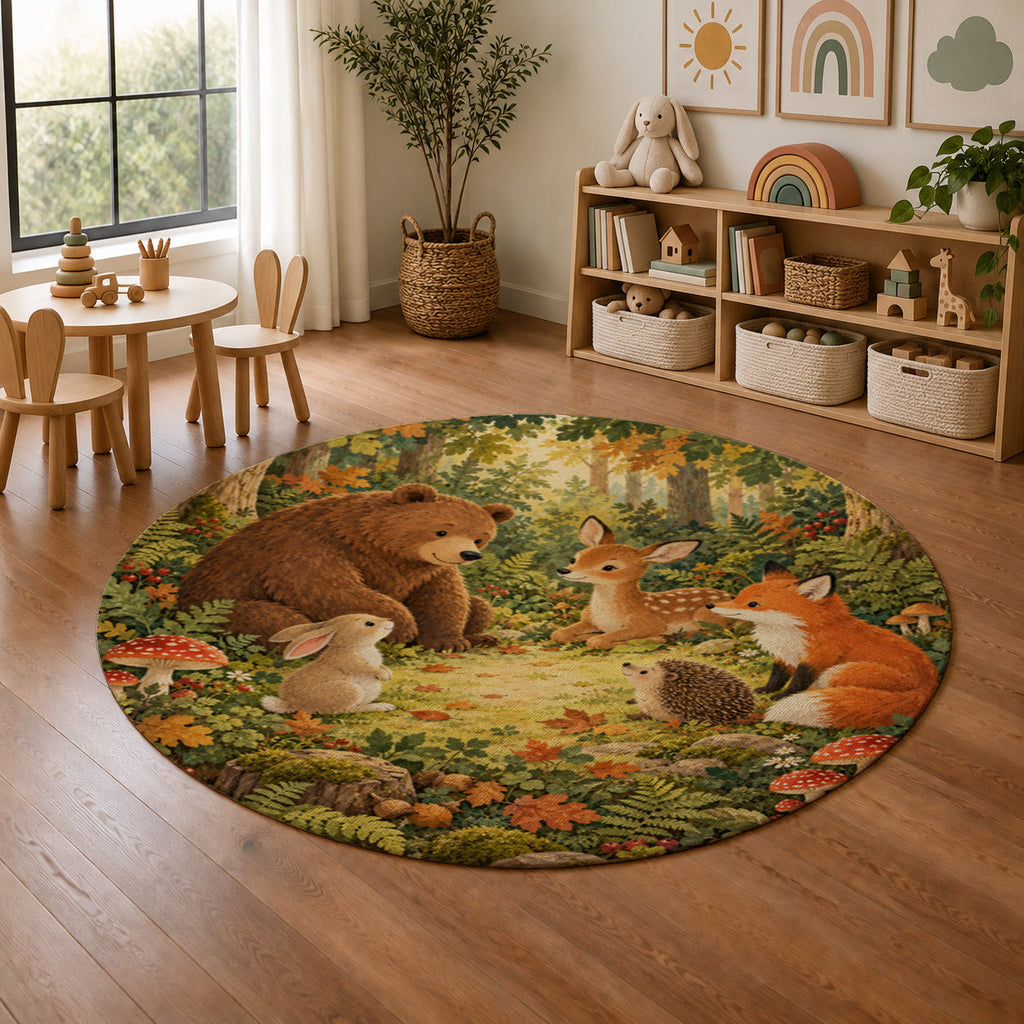 Kartela Forest Friends washable woodland animals round rug in a playroom next to toy shelves