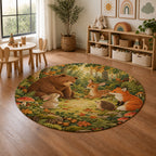 Kartela Forest Friends washable woodland animals round rug in a playroom next to toy shelves