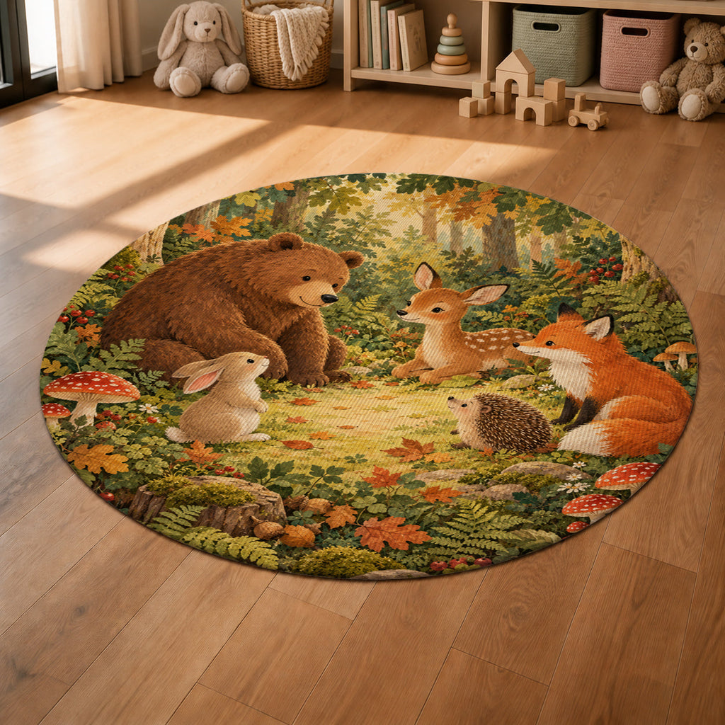 Kartela Forest Friends washable woodland animals round rug in a sunny kids' room with a play tent