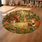 Kartela Forest Friends washable woodland animals round rug in a sunny kids' room with a play tent
