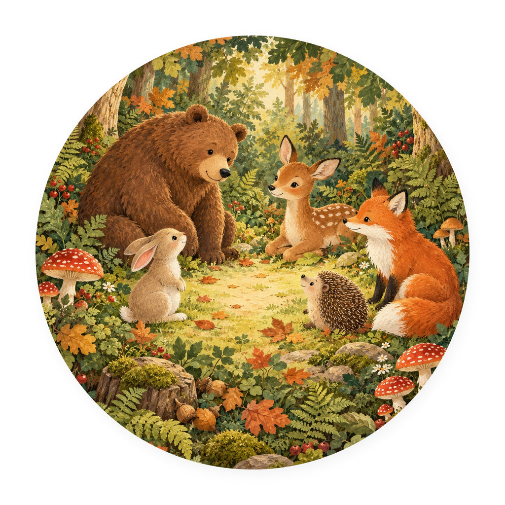 Kartela Forest Friends washable woodland animals round rug, flat product view on white
