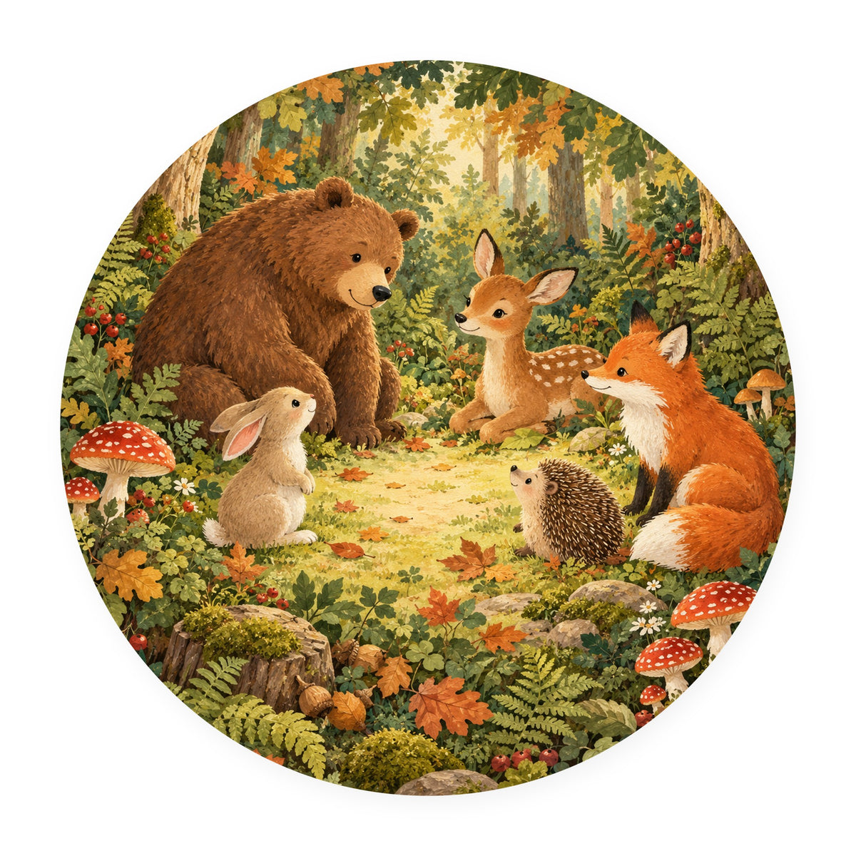 Kartela Forest Friends washable woodland animals round rug, flat product view on white